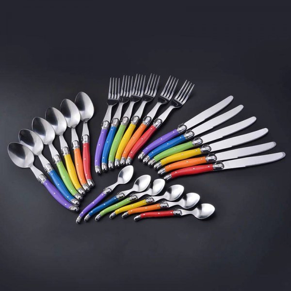 24 pezzi stile Laguiole arcobaleno set di stoviglie bistecca in acciaio inox coltello da pranzo forchetta cucchiaino da cucina set di posate torta regalo