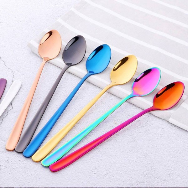 Cucchiaio da gelato in acciaio inossidabile a 4 pezzi Manico lungo arcobaleno Dessert da tè Tè Caffè Oro Colorato Scoop Accessori per bar Strumenti