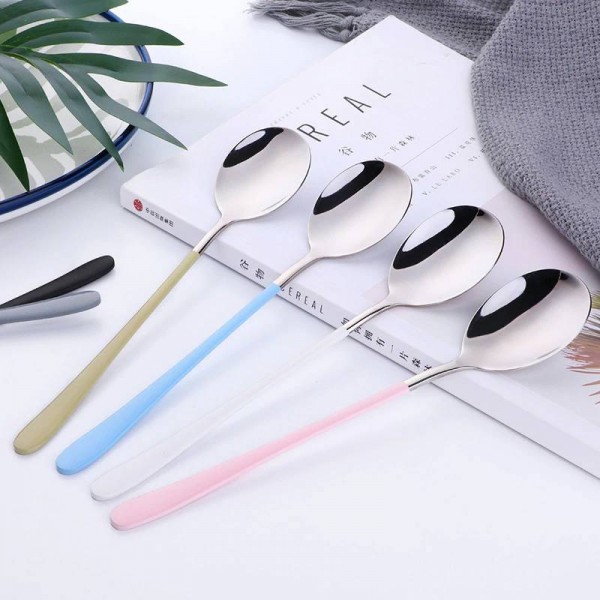 Cucchiai da 4 pezzi in acciaio inossidabile Cucchiai da 21 cm Cucchiaio lungo Cucchiaio da minestra in argento per gelato Cucchiai da tavola Riso / Insalata Stoviglie 8 colori