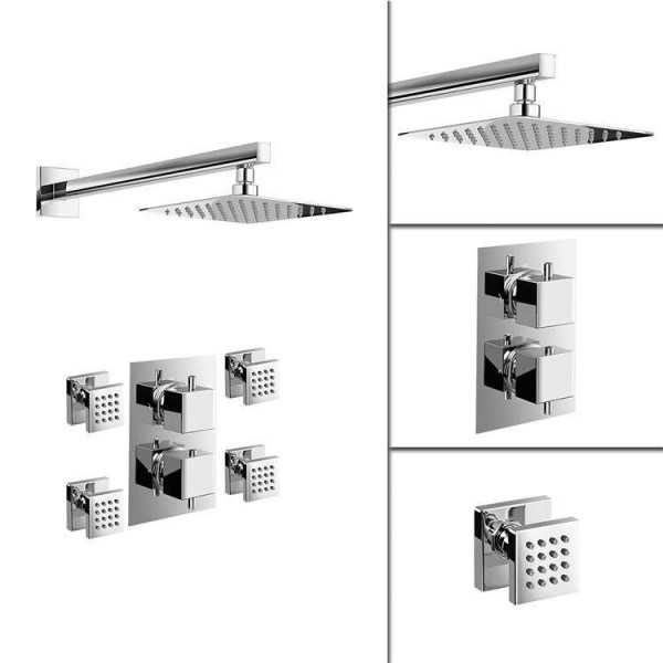 Set soffione termostatico ultrasottile per miscelatore quadrato da 8 "con getti cromati per il massaggio del bagno