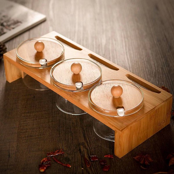 Pallet di bambù Vasetti di spezie Spezie di vetro Condimenti trasparenti Vasetti di sale Vasetti di condimento Lattine di pepe Set di pentole per condimento creativo