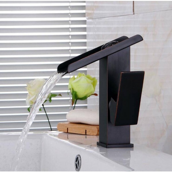 Rubinetto del bacino Ottone Cascata nera Bagno Vaso Lavello Rubinetti Maniglia singola Vetro beccuccio Miscelatore bronzo lucidato olio A1010