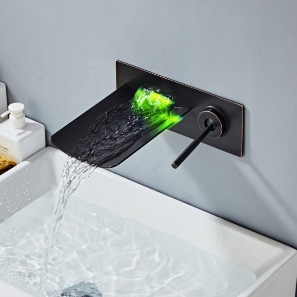 Rubinetto per lavabo Rubinetto per cascata a parete in nichel LED Rubinetto per lavabo Maniglia singola Bagno nascosto rubinetto per cascata caldo e freddo A1016