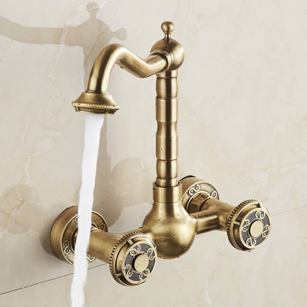 Rubinetti per lavabo Ottone antico Montaggio a parete Cucina Lavandino Rubinetto Miscelatore doppio comando girevole Miscelatore acqua calda fredda LAD-18003
