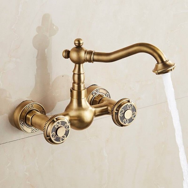 Rubinetti per lavabo Bronzo antico Ottone Bagno Rubinetto della cucina Girevole Montaggio a parete Doppio manico Miscelatori per rubinetti freddi caldi Rubinetti per WC LAD-18002