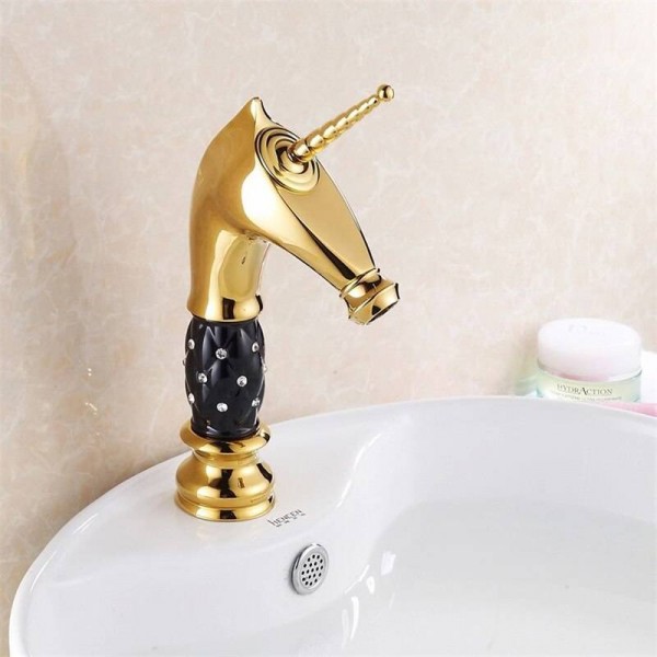 Rubinetti Lavabo Ottone Oro Ponte Bagno Lavandino Rubinetto Maniglia singola Euro Lusso Testa di cavallo Diamante Bagno Vanità Miscelatore Acqua Rubinetto 818K