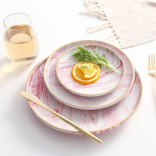 InsFashion fantastico vassoio da colazione in ceramica con motivo in marmo rosa con bordo dorato per un romantico ristorante in stile bohemien