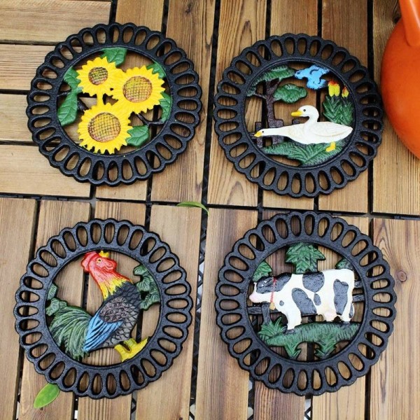 Sottopentola decorativa in ghisa per cucina o tavolo da pranzo | Rotondo con motivo animali | Pad caldi per pentole e padelle | Resistente al calore