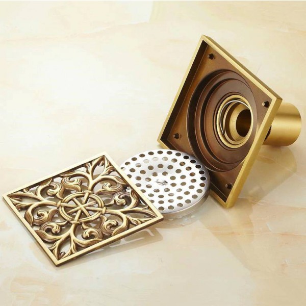Scarichi 10 cm Quadrato Ottone antico Scarico per doccia Colino per capelli Accessori da bagno intagliato Arte Scarico Griglia Scarico a pavimento Copertura 8704F