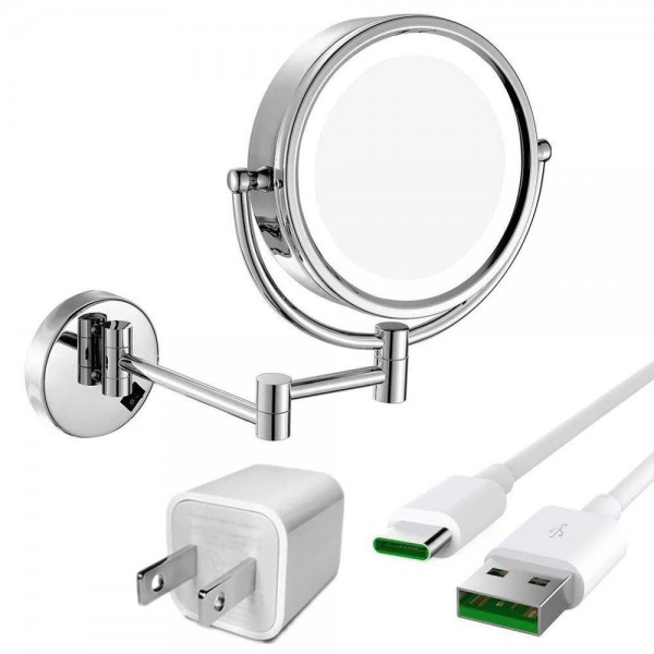 Specchio per trucco da bagno con illuminazione a LED per montaggio a parete con ingrandimento 10X, ricaricabile USB senza filo, cromato lucido