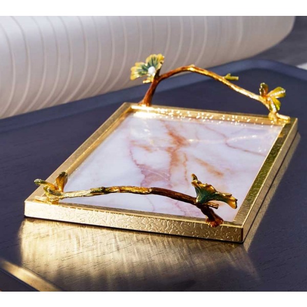 Vassoio da portata in marmo super lusso InsFashion con manico a forma di ramo d'oro e strass per l'arredamento della casa in stile arabo