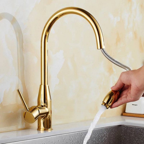 Rubinetti cucina Oro / Cromo Maniglia singola Estrarre Rubinetto cucina Maniglia monoforo Girevole Rubinetto miscelatore acqua 360 gradi LAD-160