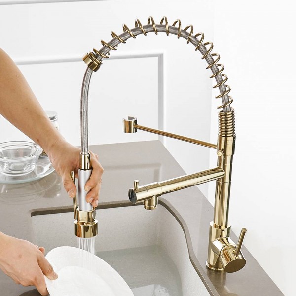 Rubinetti cucina Oro Torneira Para Cozinha Rubinetto per lavello cucina Miscelatori beccuccio a molla estraibili Rubinetto acqua calda calda 866021