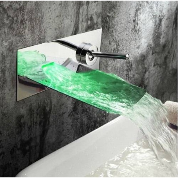 Miscelatore per lavabo a cascata a LED a parete in vetro con rubinetto in ottone