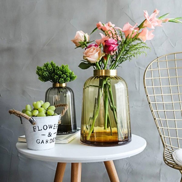 Vaso in vetro chiaro di lusso in rame chiaro Semplice soggiorno di alta qualità Modello Room Decorazione morbida Vaso per la decorazione della casa