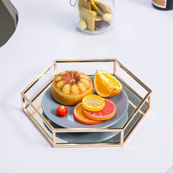 Vassoio esagonale a specchio Modern Minimalist Room Room Decorazione domestica in metallo Tazza da caffè Vassoio per frutta e dessert