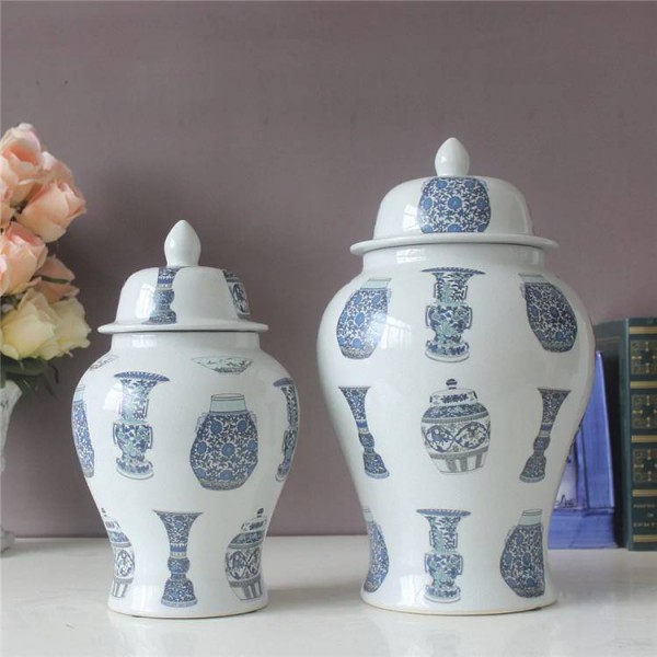 Vaso moderno in ceramica allo zenzero Vaso tempio in porcellana bianca e blu dipinto a mano Vaso portaoggetti Vaso barattolo per soggiorno