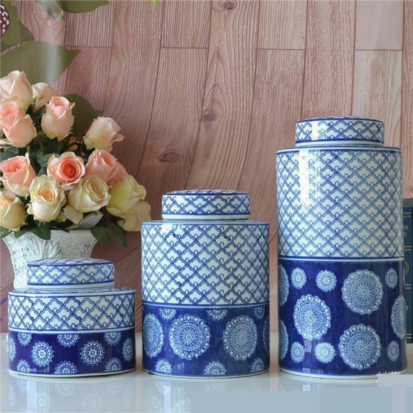 Vaso circolare in ceramica moderna classica in porcellana bianca e blu, vaso in ceramica
