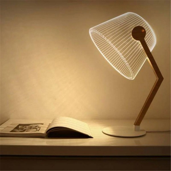 Lampada da scrivania moderna a LED effetto 3D caldo Supporto in legno Paralume in acrilico Lampada a LED Soggiorno Lampada da tavolo da letto Deco Illuminazione da lettura