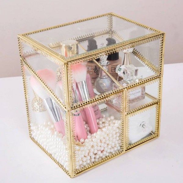 Scatola di immagazzinaggio di cosmetici multifunzionale Scatola di vetro di polvere vibrante Scatola di finitura di profumo di rossetto Deposito di cosmetici da scrivania