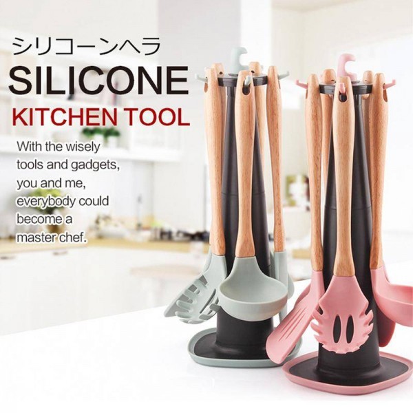Utensili per la tavola multifunzionale Cucina Telaio in legno Utensili da cucina in silicone Utensili da cucina Set da 6 pezzi Bella moda