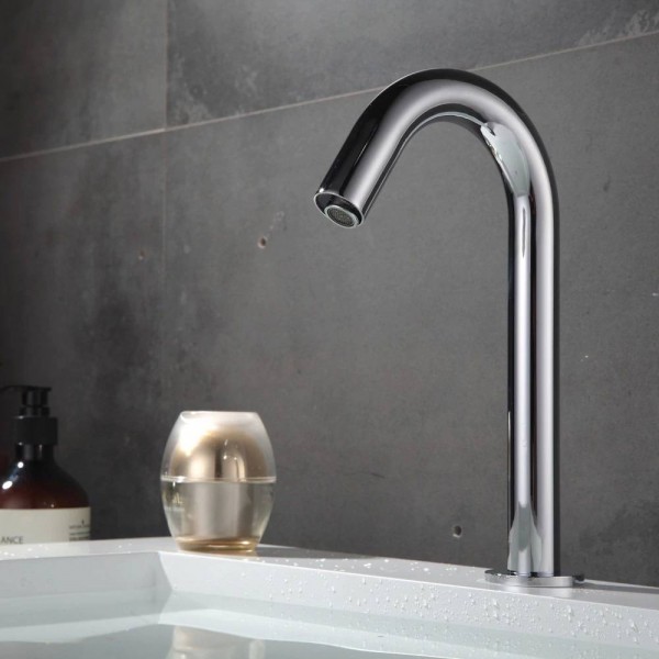 Rubinetto per lavabo moderno Rubinetto cromato Piatto in ceramica Bobina Risparmio idrico Batteria Alimentazione Sensore infrarossi automatico Buque