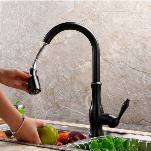 Nuovi rubinetti da cucina Nichel / ORB Maniglia singola estraibile Rubinetto da cucina Maniglia monoforo girevole Rubinetto miscelatore acqua 360 gradi LAD-141