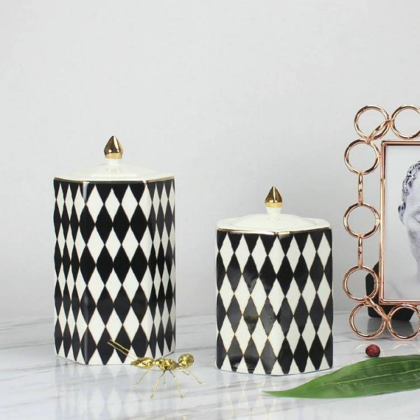 Serbatoio decorativo bianco e nero diamante plaid vaso di ceramica decorazione decorazione della casa