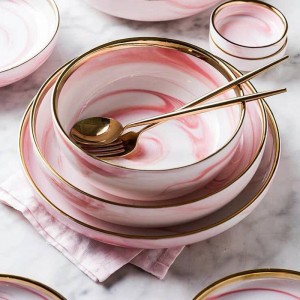 1pc Piatto da pranzo in ceramica in marmo rosa Piatto da insalata di riso Scodella Scodella Piatti da cucina Set di stoviglie Utensili da cucina per la casa Utensili da cucina