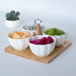4pc / set con vassoio Forchetta Creativa in ceramica Ciotola di frutta Insalatiera Divisoria Insalata di frutta Piatto per snack Piatto per frutta secca Piatti giapponesi