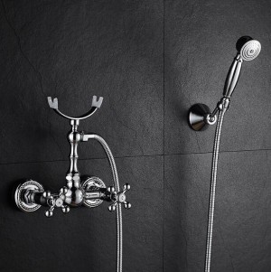 Rubinetto per vasca Ottone Cromo Argento Montaggio a parete Doccia a pioggia Rubinetto Rotondo Palmare 2 Maniglia Bagno lussuoso Miscelatore Set XT364