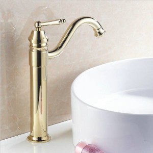Vendita calda placcato in oro a bocca lunga di lusso monoforo ponte montato in ottone sottile lavabo giallo alto lavandino rubinetto del bagno G1057