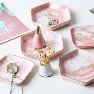 InsFashion piatto di gioielli in ceramica rosa super esagonale con motivo in marmo per set di regali per la ragazza e la festa della mamma