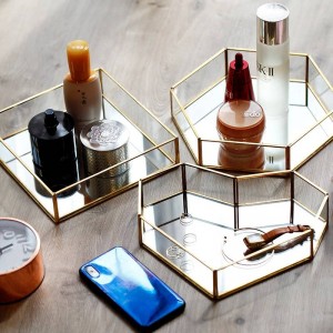 Metallo Vetro Geometria Piastra di immagazzinaggio Gioielli Pianta Bigné Contenitore Lussuoso contenitore per la casa Vassoio Organizzatore per diserbo Decor