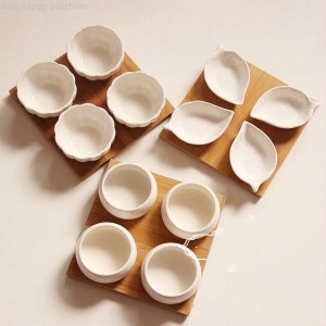 Set di scodelle in ceramica bianca pura Vassoio di bambù piccolo piatto 4 pezzi / lotto Piatto da dessert con pallet di ciotole di bambù Adatto per forno