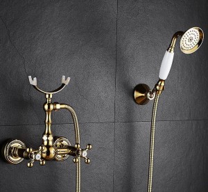 Rubinetto doccia ottone lucido dorato vasca da bagno rubinetti mano pioggia soffione doccia rubinetto telefono a parete in ceramica di lusso rubinetto del bagno XT365