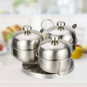 Combinazione di barattoli di spezie Agitatori di pepe e spezie rotanti in acciaio inossidabile 304 Set di barattoli di sale Scatola da cucina Contenitore per condimenti