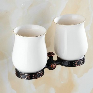 Serie Twin Flowers Intaglio Portabicchieri e bicchieri doppi in ottone nero Accessori per il bagno Portabicchieri per spazzolini da toeletta Toilette